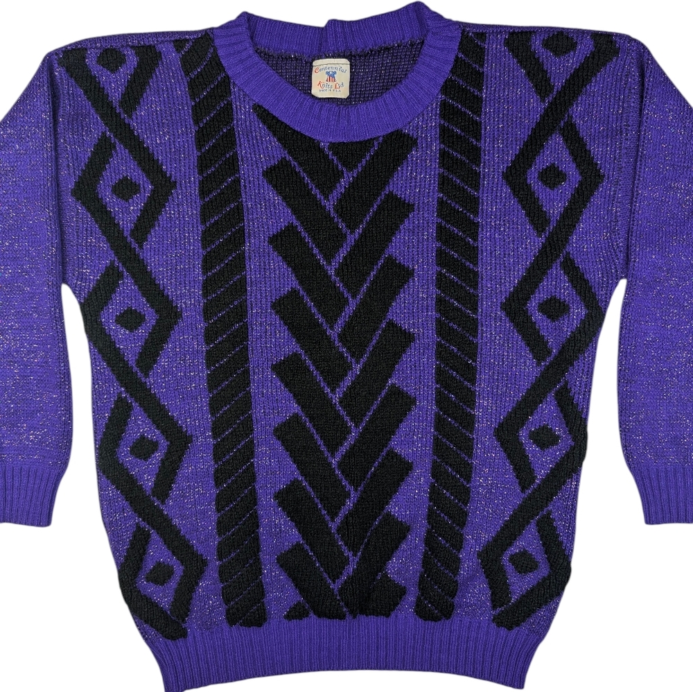 Vintage purple/metallic sweater W black geometric. Centennial Knits Ltd. Lg - Picture 4 of 14